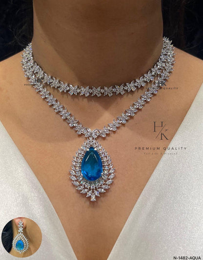 CZ Bridal Necklace Set, Double Layer Floral Crystal Pendant, Luxury Wedding Jewelry