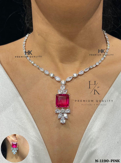 Emerald CZ Bridal Necklace Set, Elegant Pendant Earrings, Wedding Jewelry Rhodium Finish