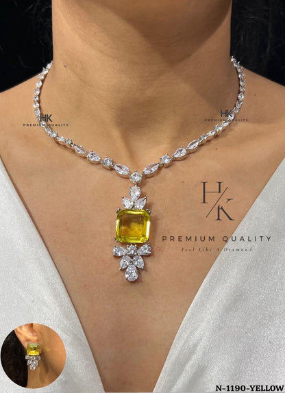 Emerald CZ Bridal Necklace Set, Elegant Pendant Earrings, Wedding Jewelry Rhodium Finish