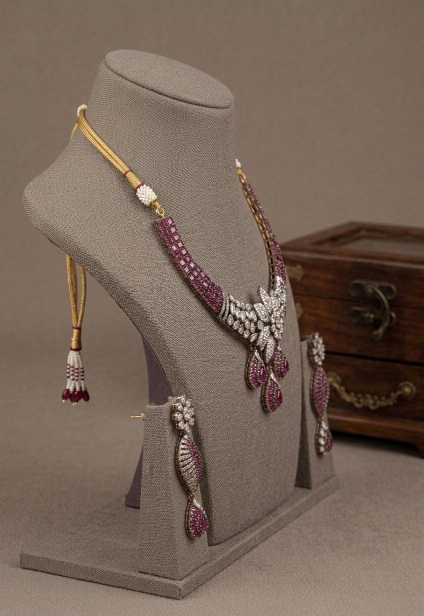 Pink CZ Floral Statement Bridal Necklace Set, Wedding Jewelry, Kundan Style Earrings