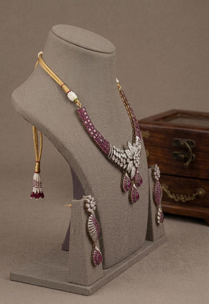 Pink CZ Floral Statement Bridal Necklace Set, Wedding Jewelry, Kundan Style Earrings