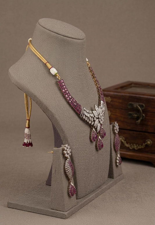 Pink CZ Floral Statement Bridal Necklace Set, Wedding Jewelry, Kundan Style Earrings