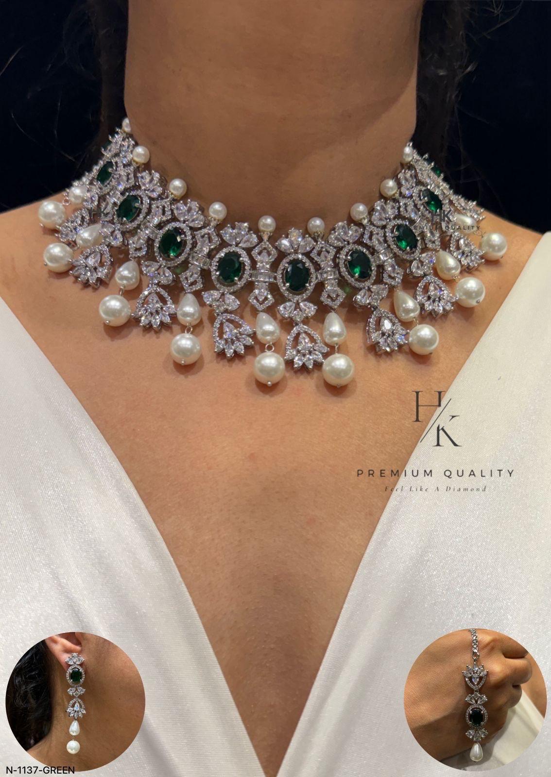 Pearl CZ Bridal Necklace Set, Elegant Wedding Jewelry, Statement Crystal Choker Earrings