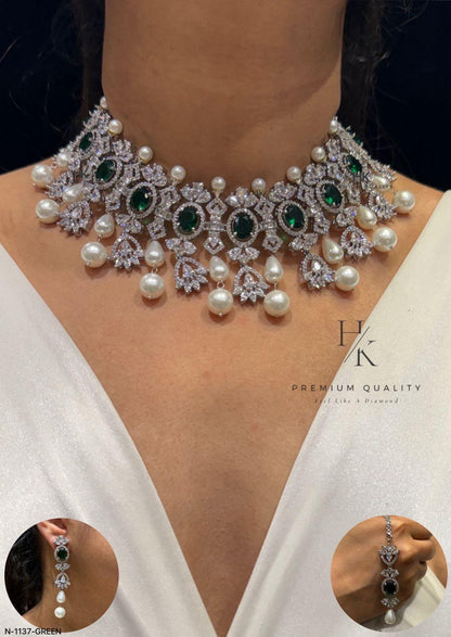 Pearl CZ Bridal Necklace Set, Elegant Wedding Jewelry, Statement Crystal Choker Earrings