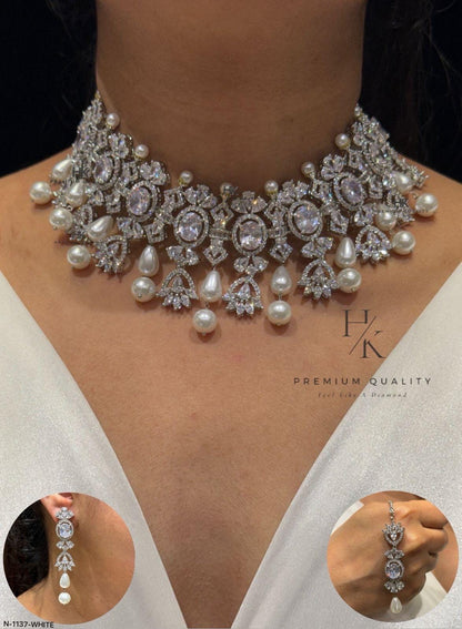 Pearl CZ Bridal Necklace Set, Elegant Wedding Jewelry, Statement Crystal Choker Earrings