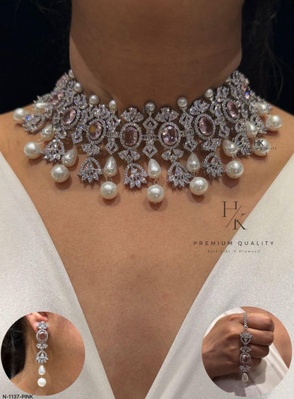 Pearl CZ Bridal Necklace Set, Elegant Wedding Jewelry, Statement Crystal Choker Earrings