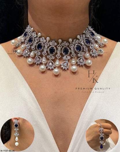 Pearl CZ Bridal Necklace Set, Elegant Wedding Jewelry, Statement Crystal Choker Earrings