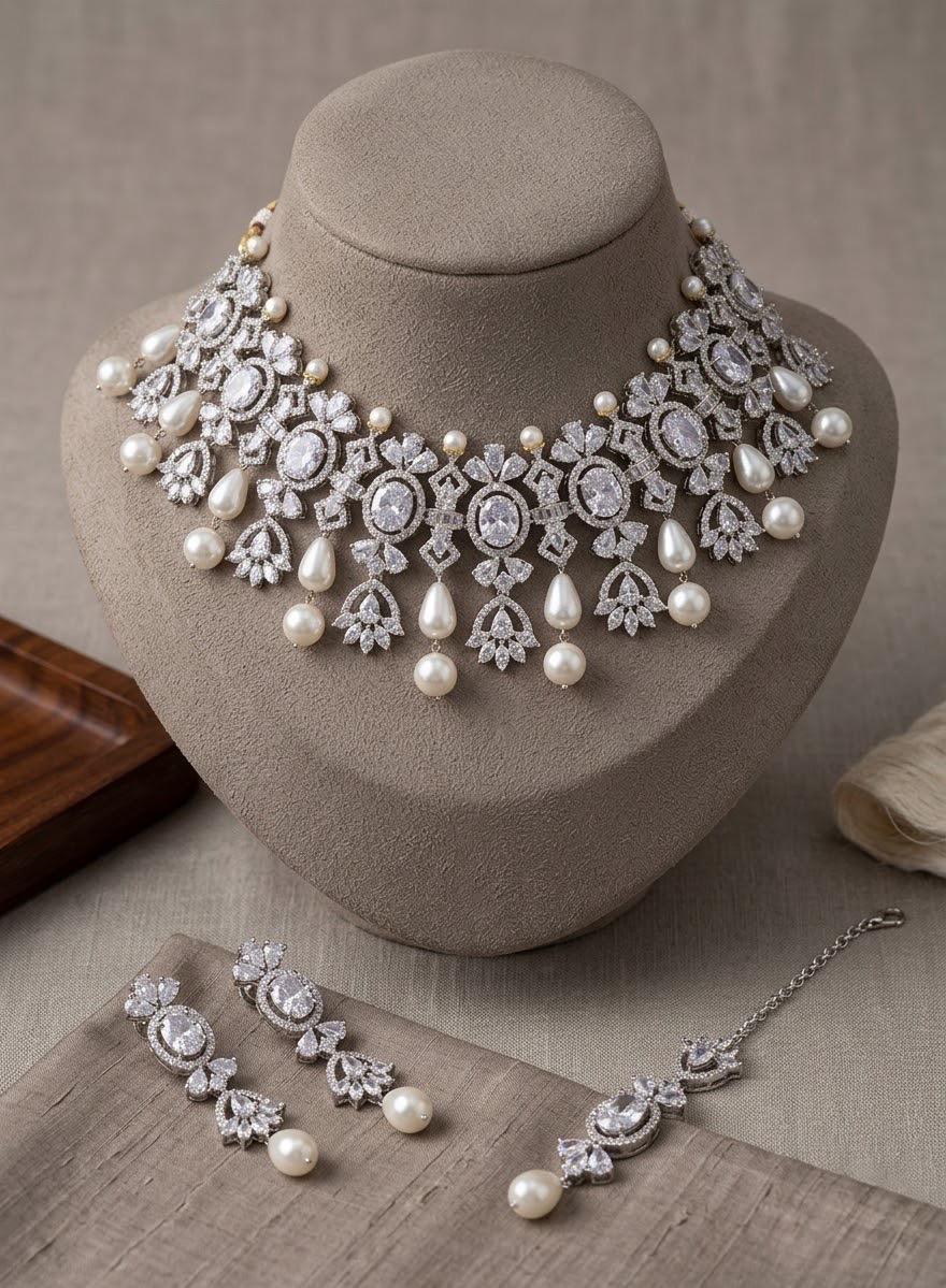 Pearl CZ Bridal Necklace Set, Elegant Wedding Jewelry, Statement Crystal Choker Earrings