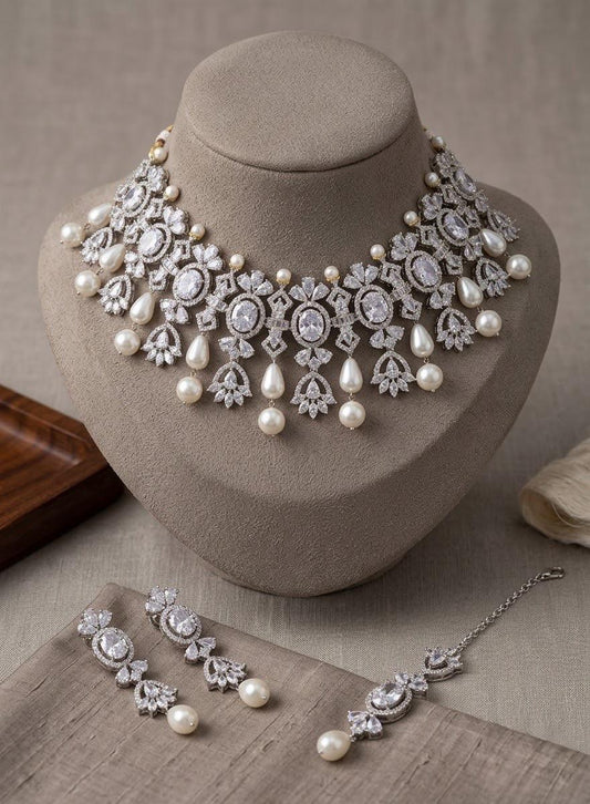 Pearl CZ Bridal Necklace Set, Elegant Wedding Jewelry, Statement Crystal Choker Earrings