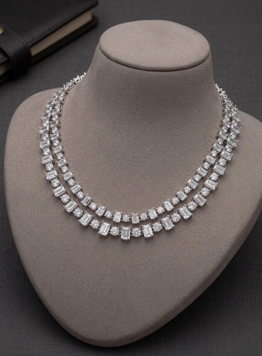 Double Layer CZ Tennis Necklace Set, Bridal Jewelry, Diamond Look Necklace with Earrings