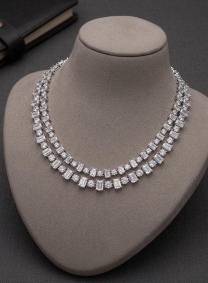 Double Layer CZ Tennis Necklace Set, Bridal Jewelry, Diamond Look Necklace with Earrings