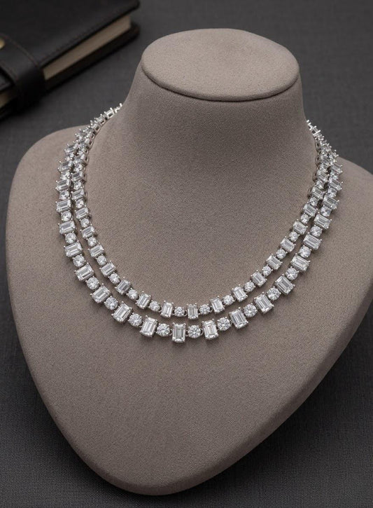 Double Layer CZ Tennis Necklace Set, Bridal Jewelry, Diamond Look Necklace with Earrings