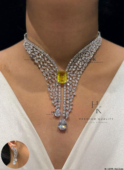 Crystal Waterfall Necklace Set, Bridal V-Shape Choker with Earrings