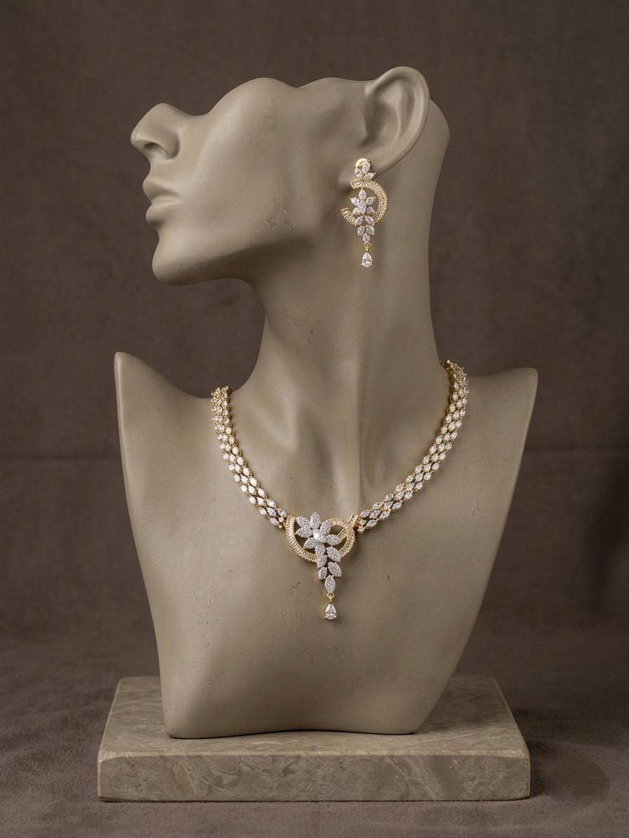 Gold Plated Diamond Necklace Set | Bridal Floral Statement Jewelry with Earrings