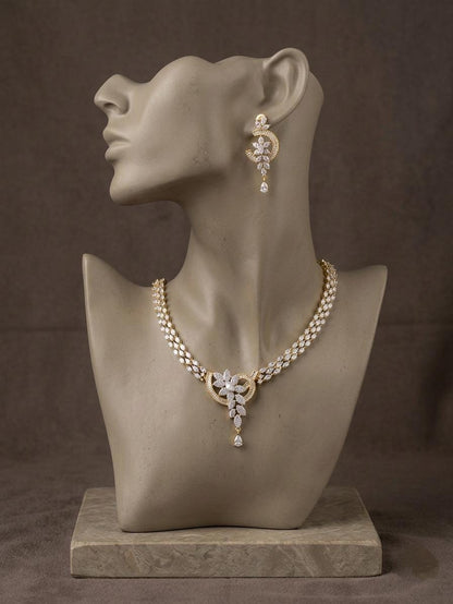 Gold Plated Diamond Necklace Set | Bridal Floral Statement Jewelry with Earrings