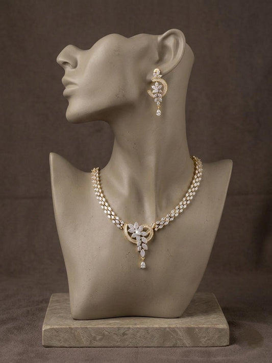 Gold Plated Diamond Necklace Set | Bridal Floral Statement Jewelry with Earrings