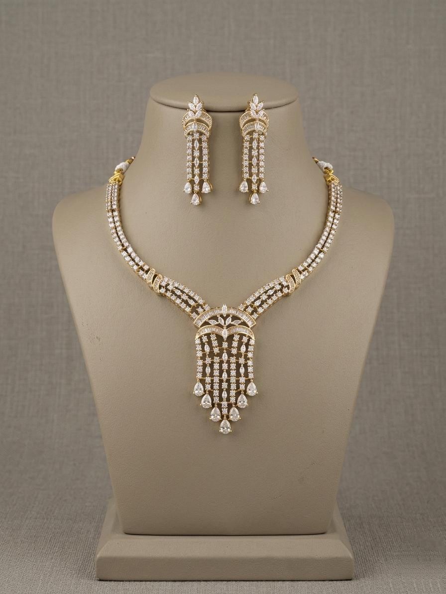 Silver-Tone CZ Bridal Necklace Set, Cascading Pendant Dangle Earrings