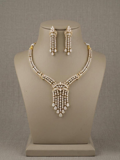 Silver-Tone CZ Bridal Necklace Set, Cascading Pendant Dangle Earrings