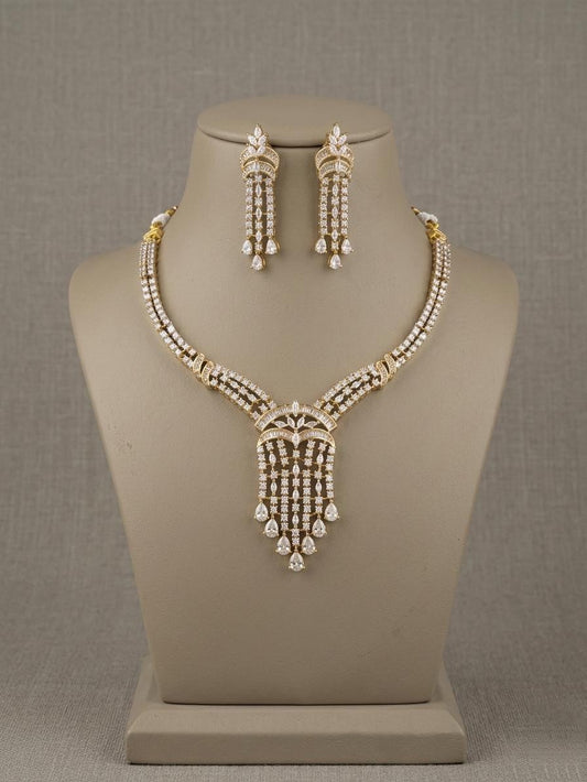 Silver-Tone CZ Bridal Necklace Set, Cascading Pendant Dangle Earrings