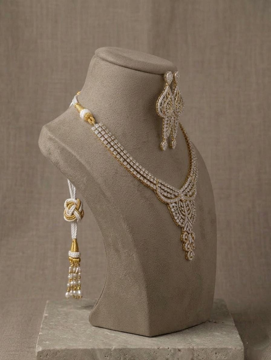 Gold Plated American Diamond Necklace Set, Bridal CZ Wedding Jewelry with Earrings