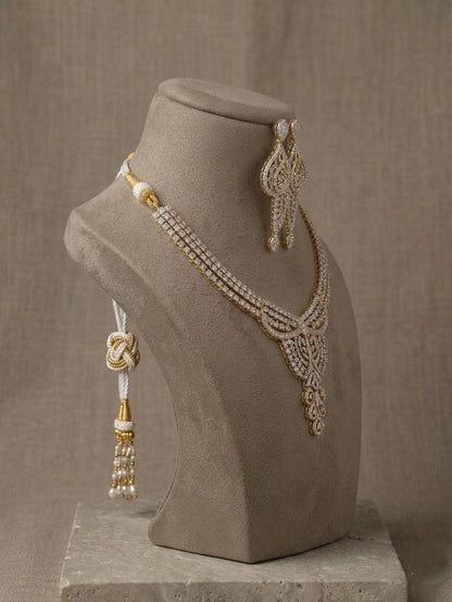 Gold Plated American Diamond Necklace Set, Bridal CZ Wedding Jewelry with Earrings