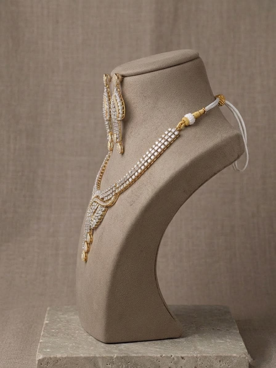 Gold Plated American Diamond Necklace Set, Bridal CZ Wedding Jewelry with Earrings