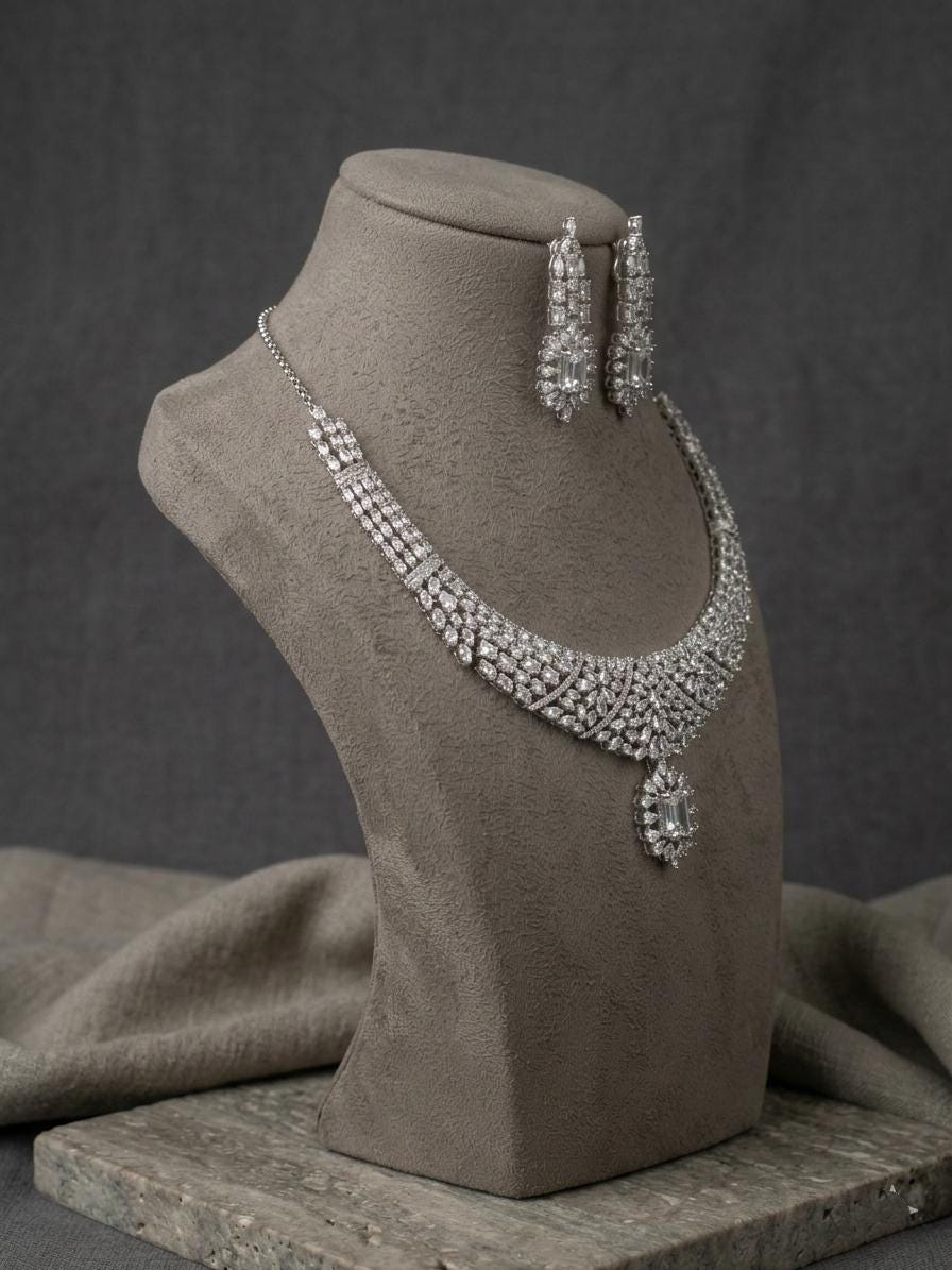 American Diamond Bridal Necklace Set, Statement Choker Crystal Wedding Jewelry