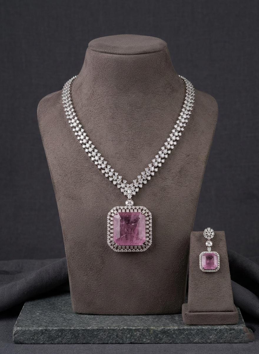 Lavender Pink Statement Necklace Set, Cushion Cut Crystal Bridal Jewelry