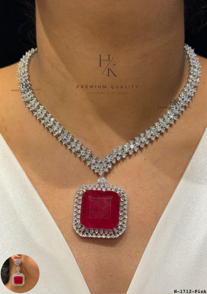 Lavender Pink Statement Necklace Set, Cushion Cut Crystal Bridal Jewelry