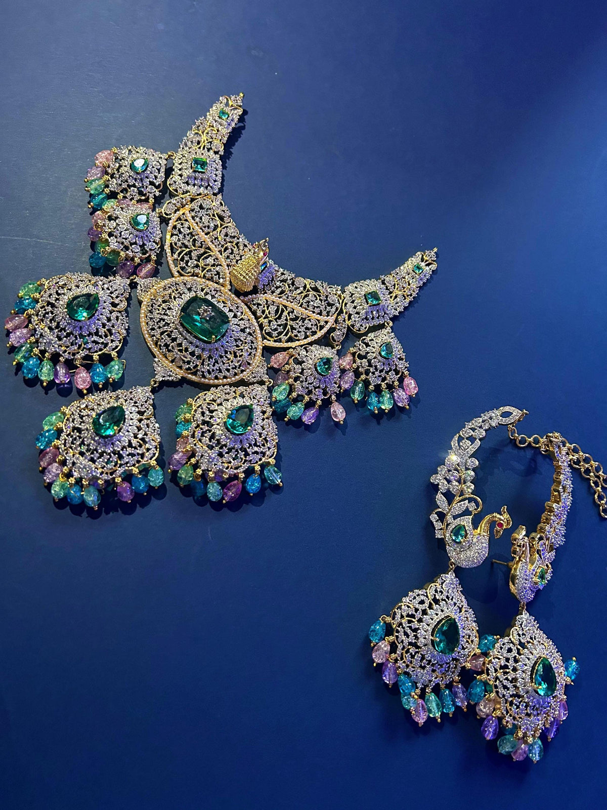 Peacock Bridal Choker Necklace Set, Multicolor CZ Indian Wedding Jewelry
