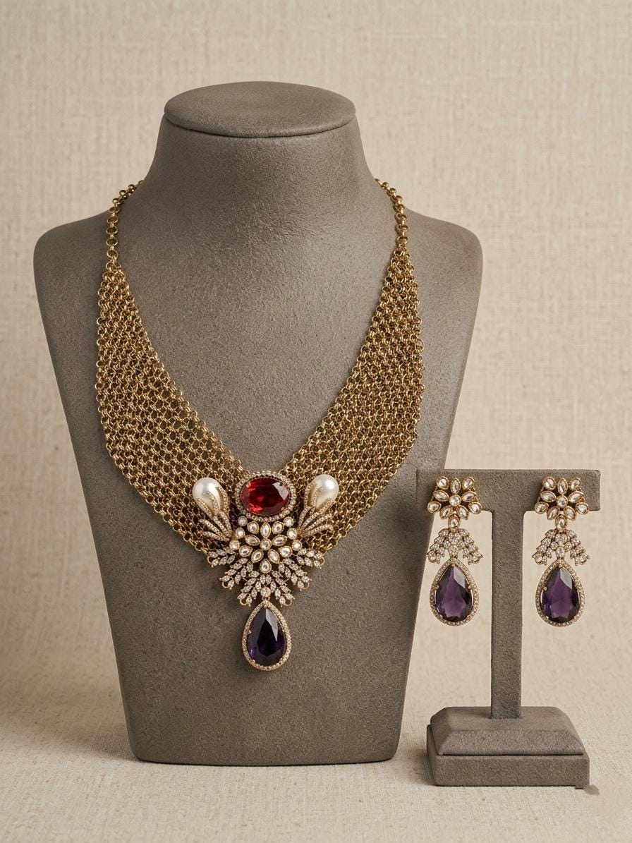 Vintage Gold Statement Necklace Set, Purple Drop CZ Choker with Earrings