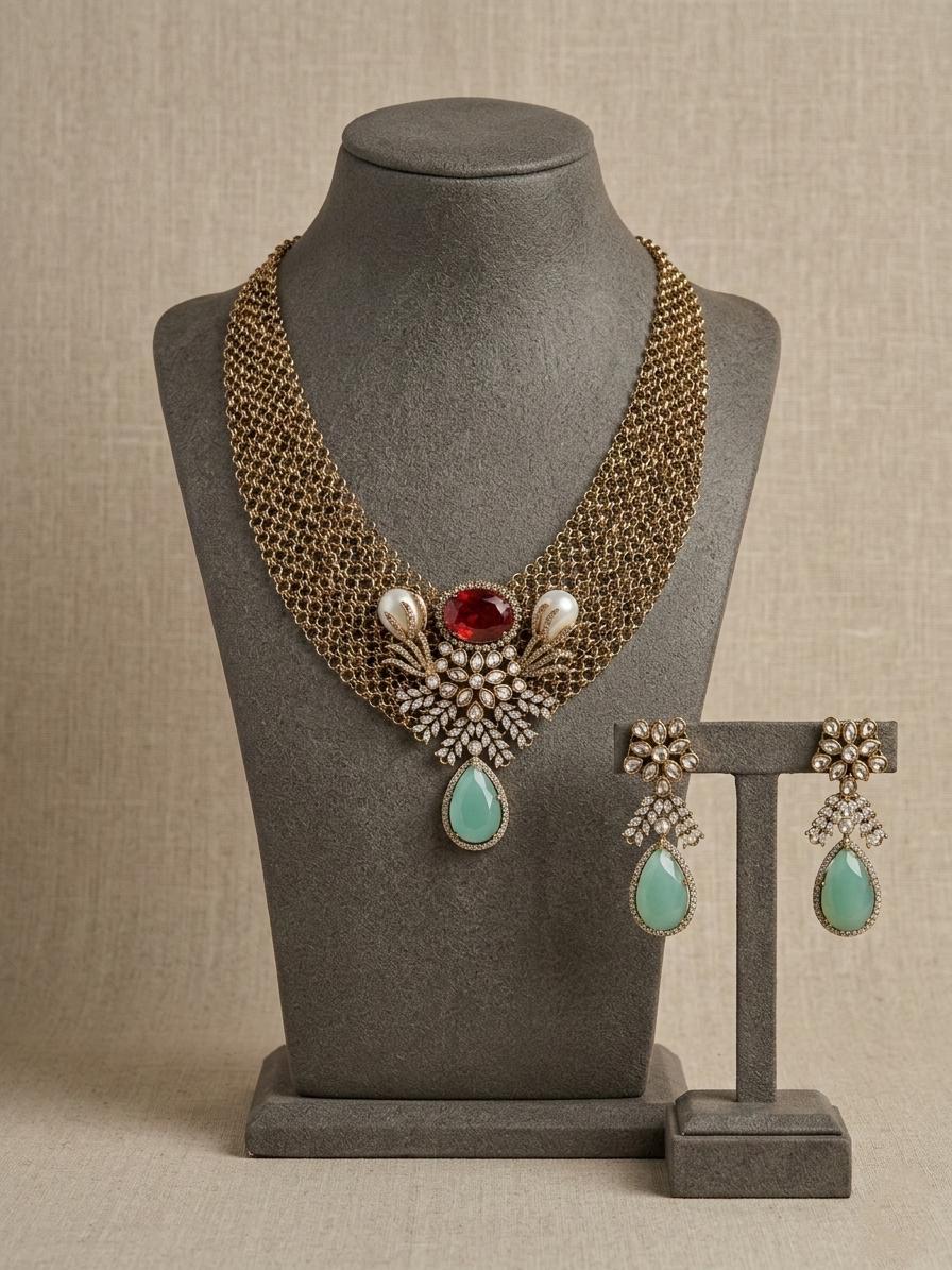 Vintage Gold Statement Necklace Set, Purple Drop CZ Choker with Earrings