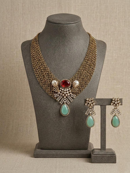 Vintage Gold Statement Necklace Set, Purple Drop CZ Choker with Earrings