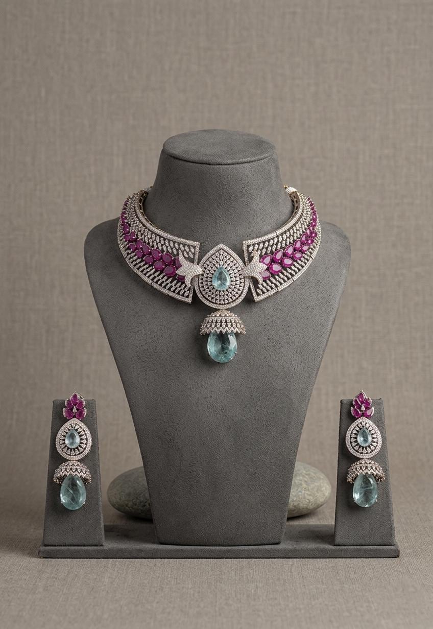 Aqua Blue CZ Choker Necklace Set, Pink Stone Bridal Jewelry, Statement Wedding Accessories