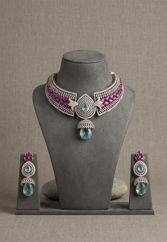 Aqua Blue CZ Choker Necklace Set, Pink Stone Bridal Jewelry, Statement Wedding Accessories