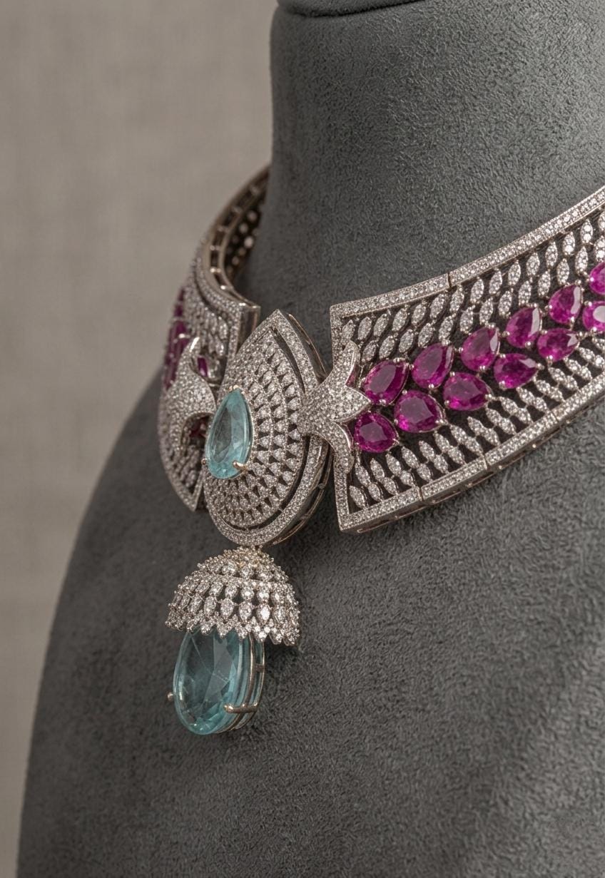 Aqua Blue CZ Choker Necklace Set, Pink Stone Bridal Jewelry, Statement Wedding Accessories