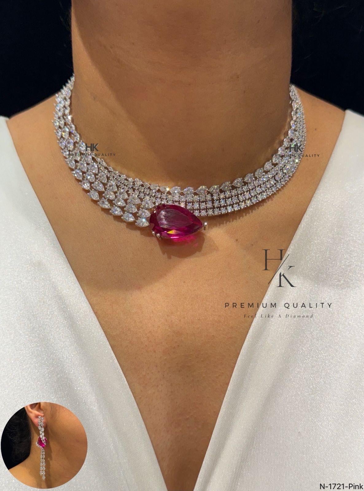 Red CZ Bridal Necklace Choker Set, Dangle Earrings, Silver Statement Jewelry