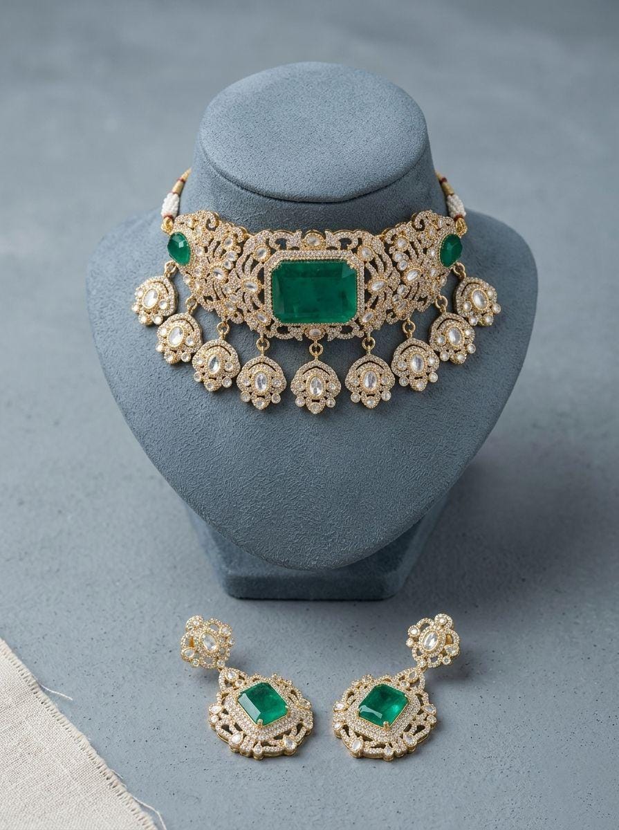 Emerald Green Kundan Choker Set | Gold Plated Indian Bridal Statement Necklace