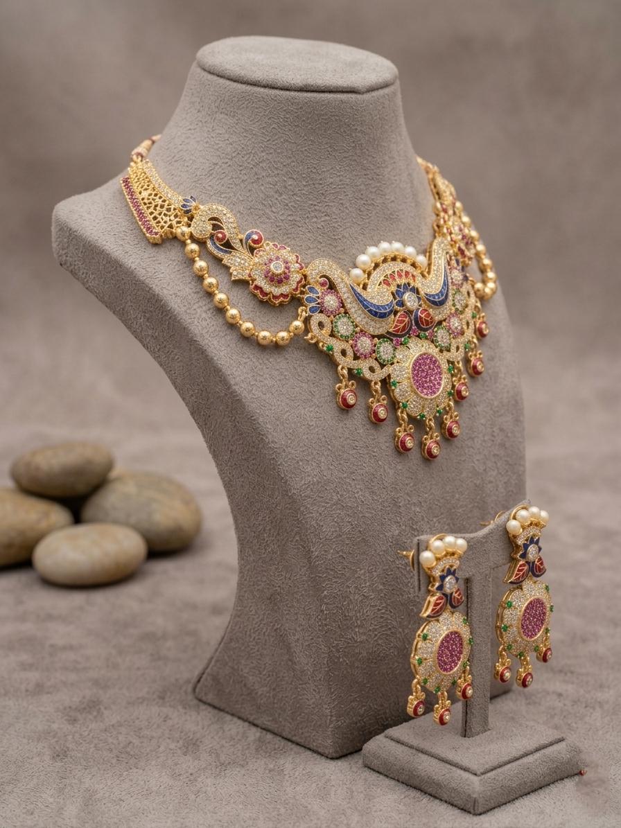 Kundan Necklace Set, Multicolor Stones, Antique Gold Finish, Bridal Festive Jewelry