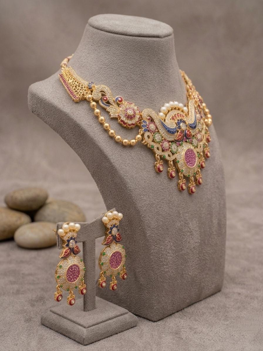 Kundan Necklace Set, Multicolor Stones, Antique Gold Finish, Bridal Festive Jewelry