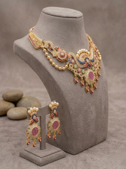 Kundan Necklace Set, Multicolor Stones, Antique Gold Finish, Bridal Festive Jewelry