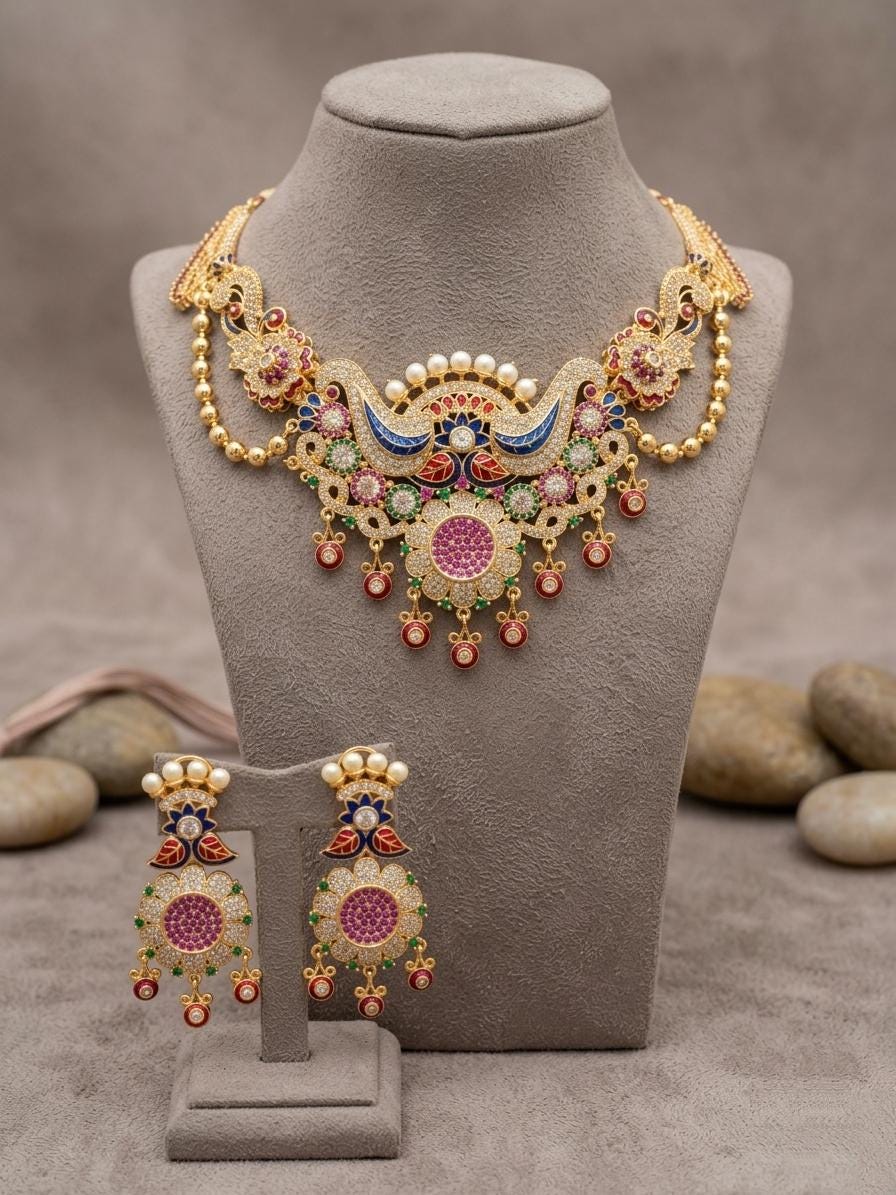 Kundan Necklace Set, Multicolor Stones, Antique Gold Finish, Bridal Festive Jewelry