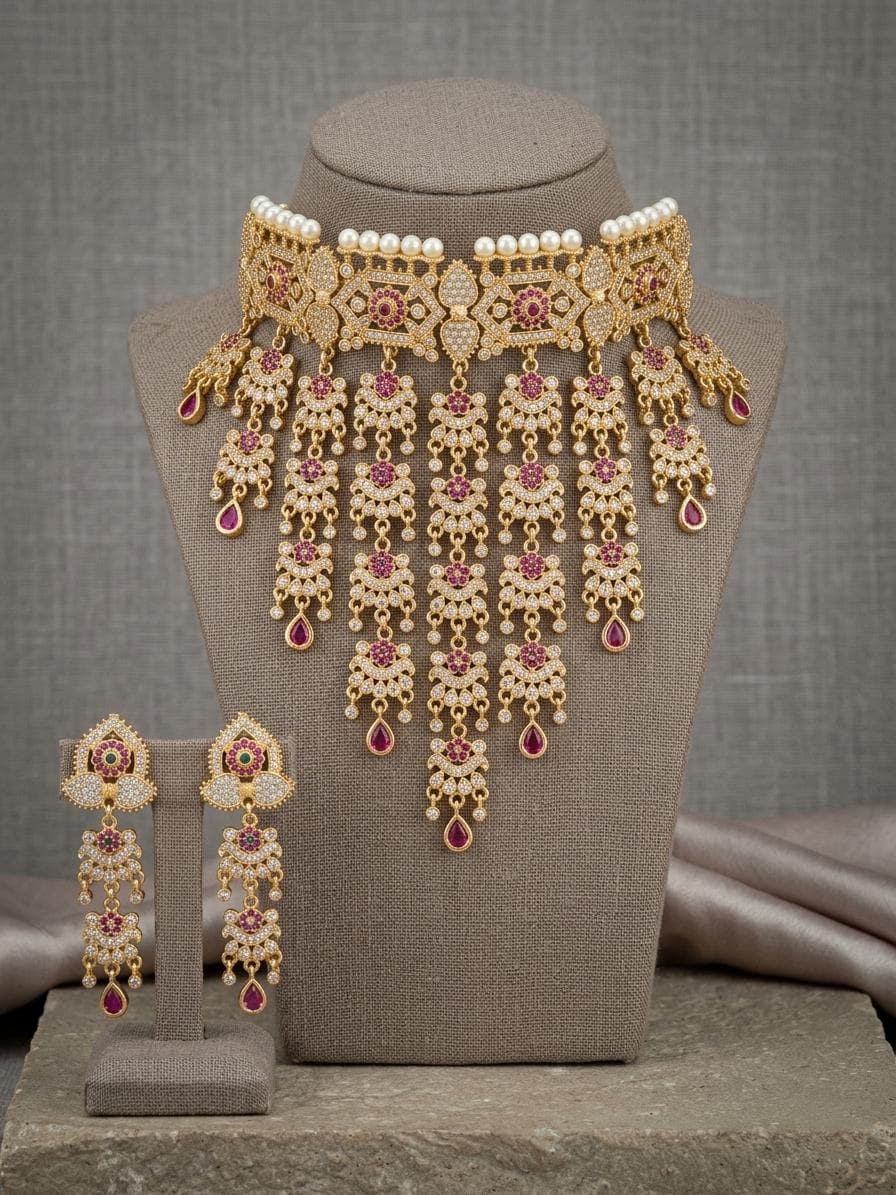Gold Kundan Choker Necklace Set, Bridal Statement Jewelry, Pearl Accents, Long Earrings