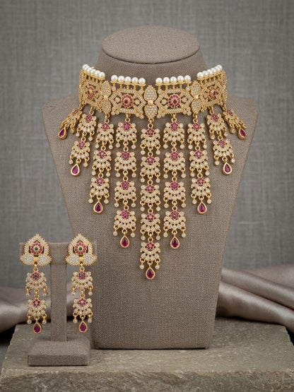 Gold Kundan Choker Necklace Set, Bridal Statement Jewelry, Pearl Accents, Long Earrings