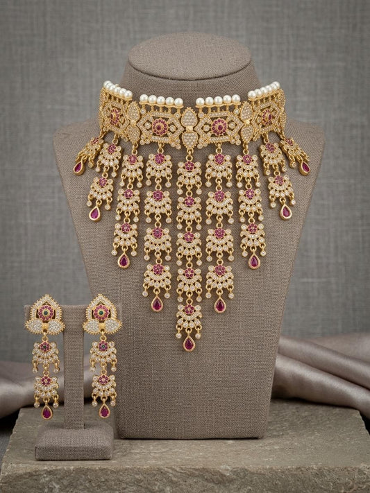 Gold Kundan Choker Necklace Set, Bridal Statement Jewelry, Pearl Accents, Long Earrings