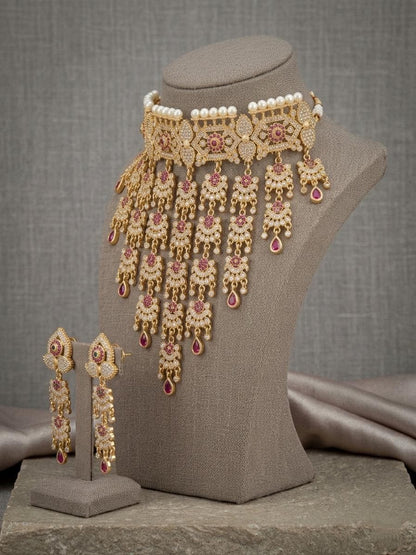 Gold Kundan Choker Necklace Set, Bridal Statement Jewelry, Pearl Accents, Long Earrings