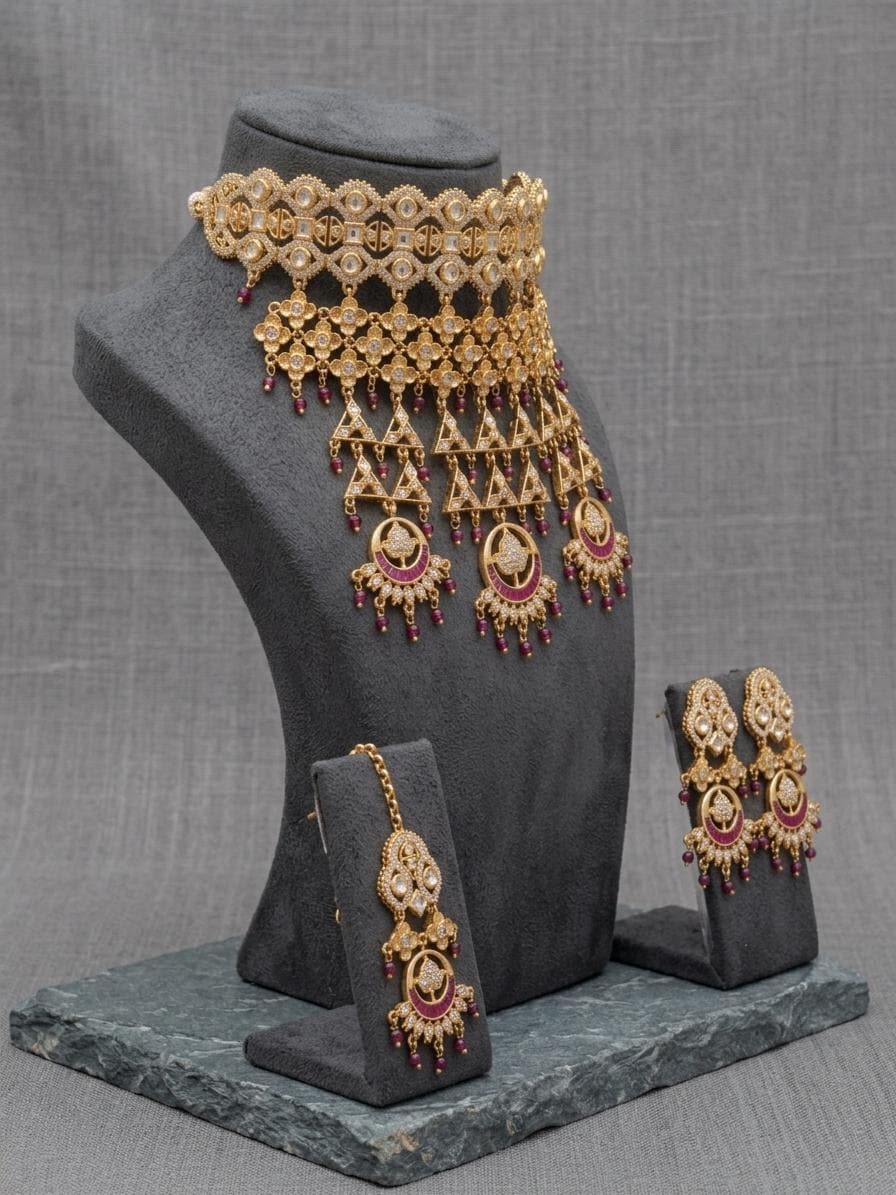 Gold Kundan Choker Necklace Set with Maang Tikka, Ruby Bridal Jewelry