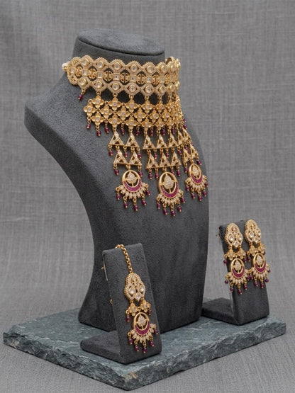 Gold Kundan Choker Necklace Set with Maang Tikka, Ruby Bridal Jewelry