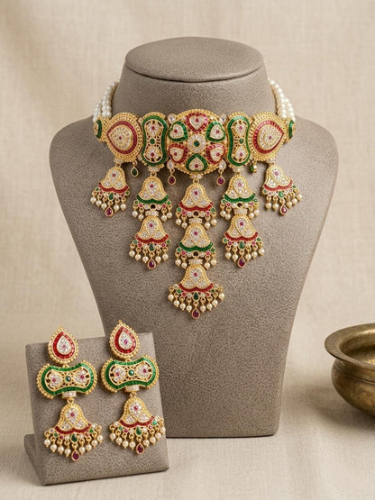 Multicolor Kundan Choker Necklace Set, Indian Bridal Wedding Jewelry, Statement Earrings, Ethnic Festive Style