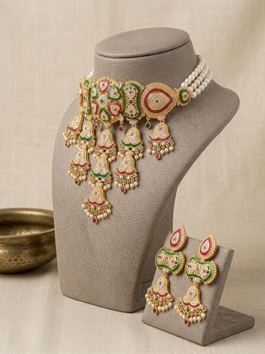 Multicolor Kundan Choker Necklace Set, Indian Bridal Wedding Jewelry, Statement Earrings, Ethnic Festive Style